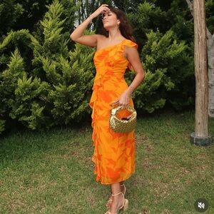 Taylor One Shoulder Ruched Ruffle Maxi Dress Yellow Orange Floral - Size 14